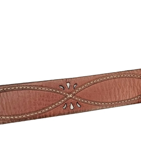 Eddie Bauer Brown Leather Belt Cutouts Stitching Brass Buckle Size Medium - Picture 5 of 13